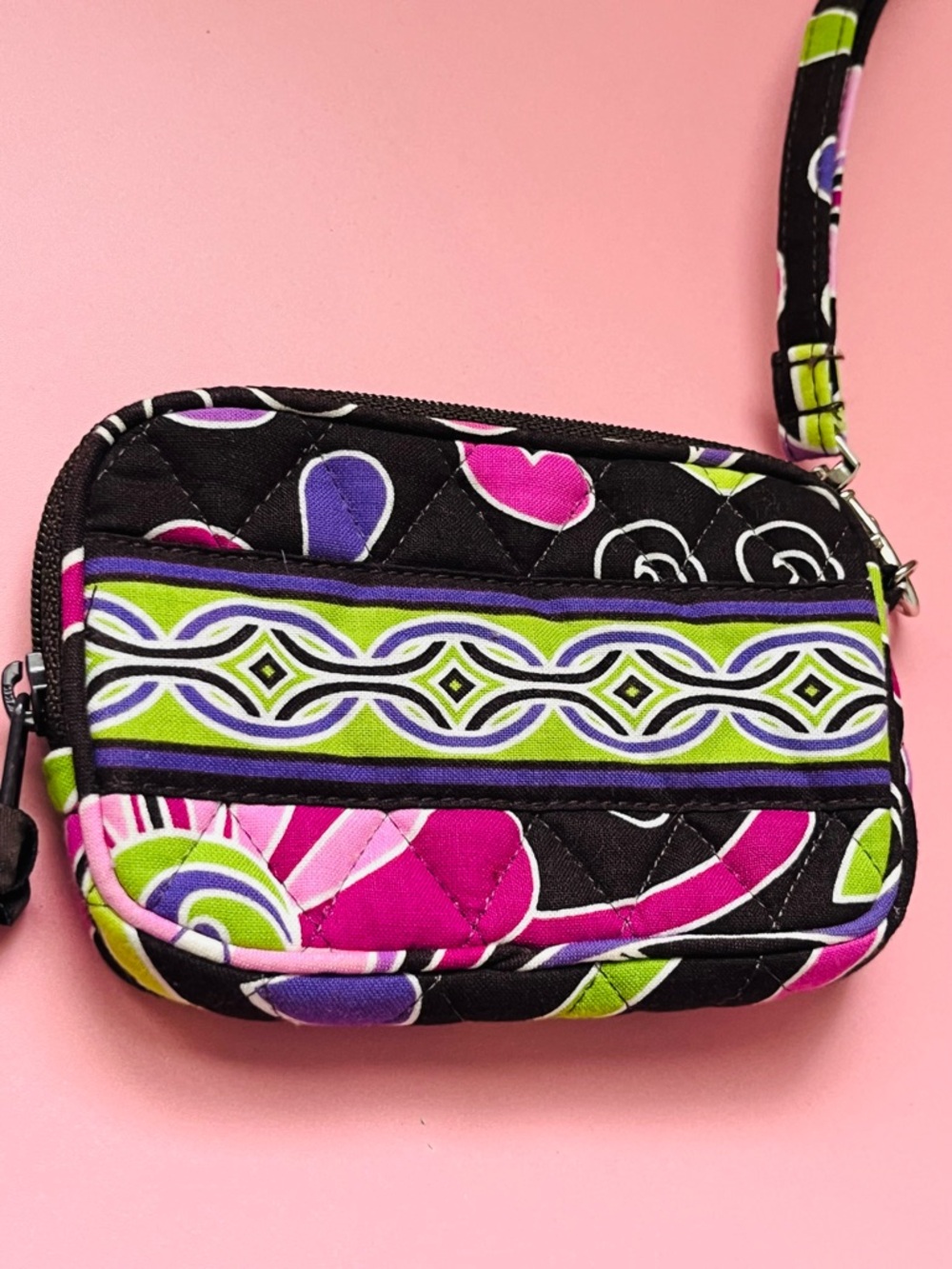Quilted Wristlet Wallet in Brown, Pink & Green